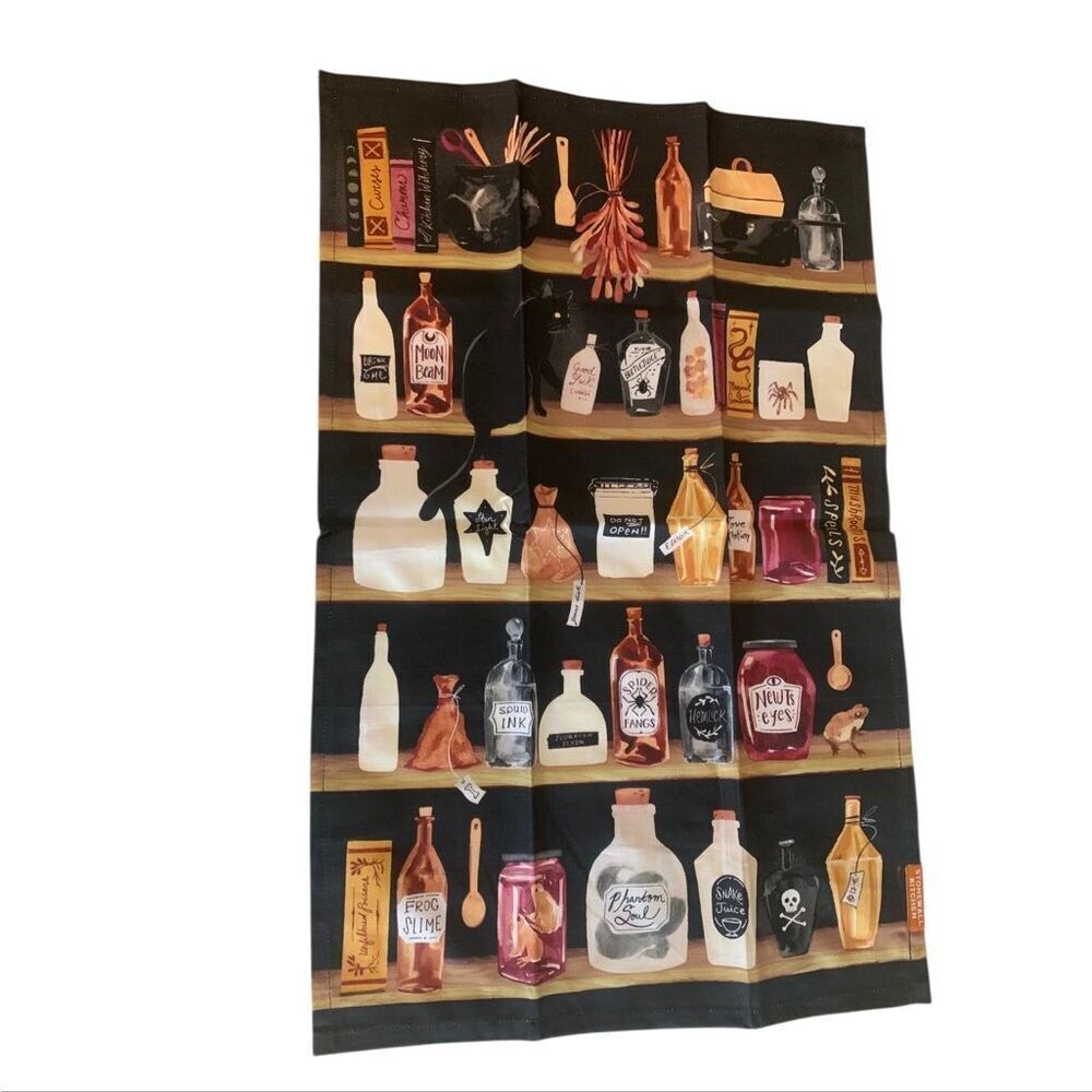 Stonewall Kitchen Halloween Witch Potions Cotton Black Tea Towel, New With Tags